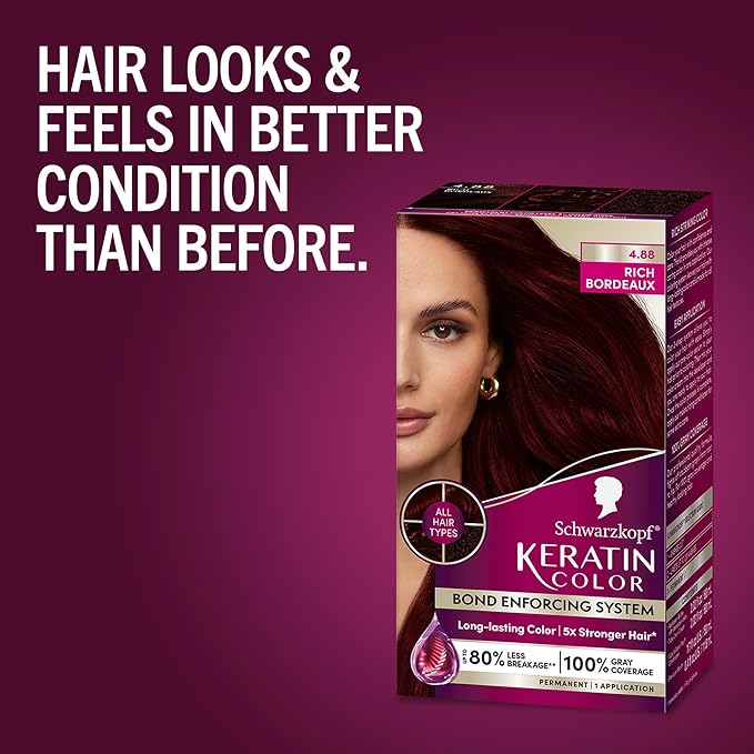 Schwarzkopf Keratin Permanent Hair Dye Cream, 4.8 Rich Bordeaux, Professional Quality Color for Up to 100% Gray Coverage, Bond Enforcing System