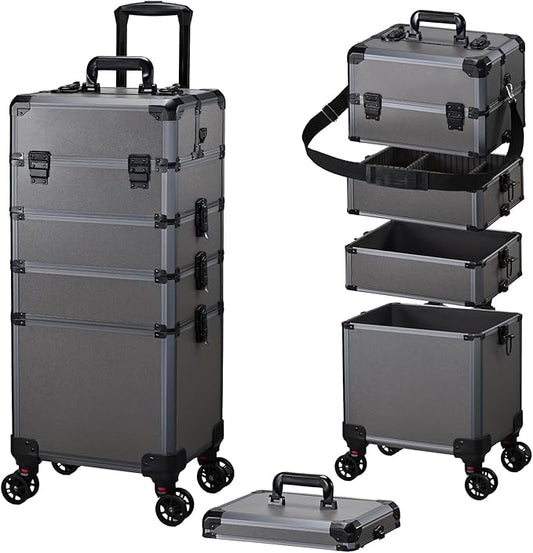 FRENESSA Rolling Makeup Train Case Cosmetology Case on Wheels 5 in 1 Makeup Case with Lid Rolling Large Make Up Organizer for Artist Barber Salon Nail Teach Kits Professional Cosmetic Box Grey