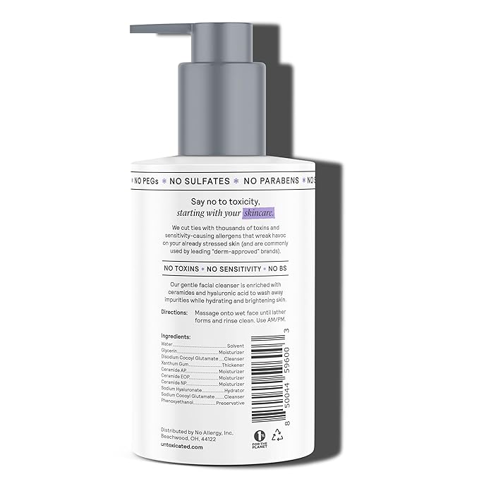 Untoxicated Face Wash - Gentle & Hydrating Face Cleanser for Sensitive Skin - Ceramides, Hyaluronic Acid & Glycerin - No Common Irritants - Non-Foaming - Soap Free - Fragrance Free - 7 Ounce