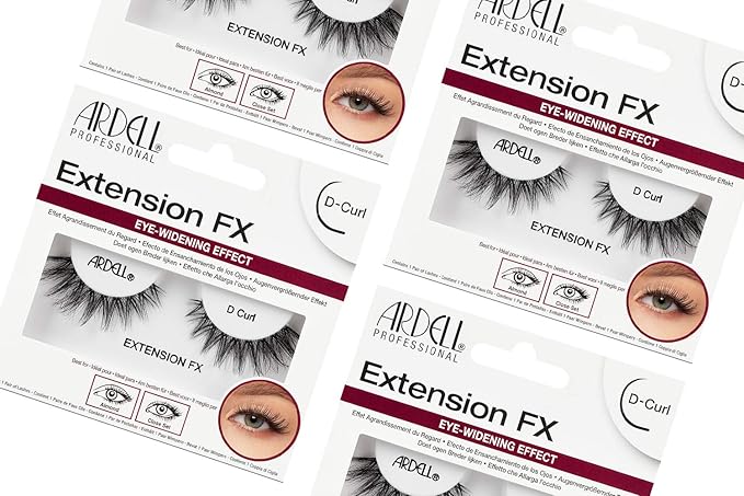 Ardell Extension FX D Curl False Eye Lashes for Eye Widening Effect, 4 pack