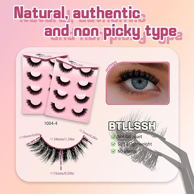 Faux Mink Lash Extensions - Reusable 8 Pair Strip Lashes for Easy Application Vegan Mink Eyelash with Vivid 3D Effect Cruelty-Free Mink-Like False Eyelashes