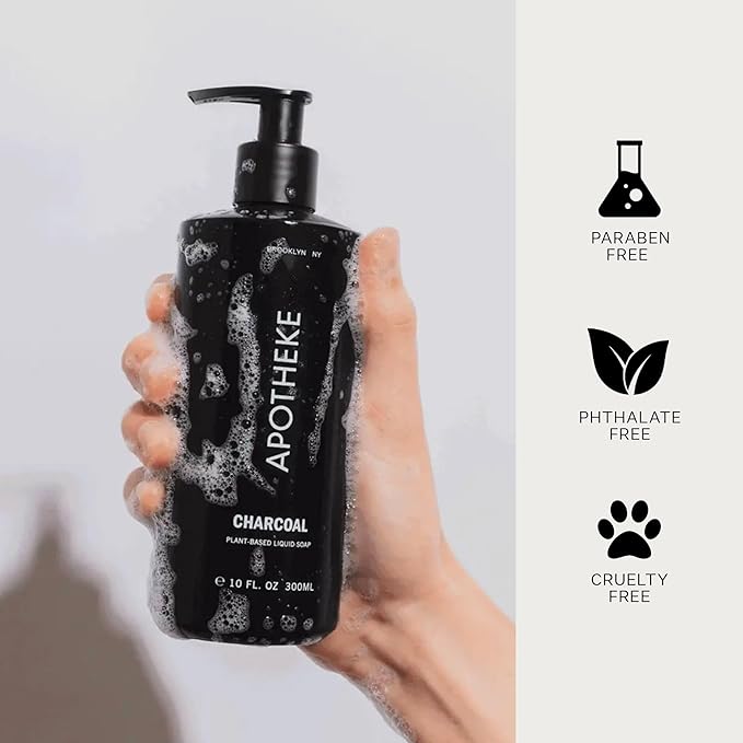 APOTHEKE Liquid Hand Soap, Charcoal - 10 Fl Oz Hydrating Handsoap with Premium Fragrance Oils Gently Cleanses, Moisturizes & Rejuvenates Skin - Scented Hand Wash for Kitchen & Bathroom