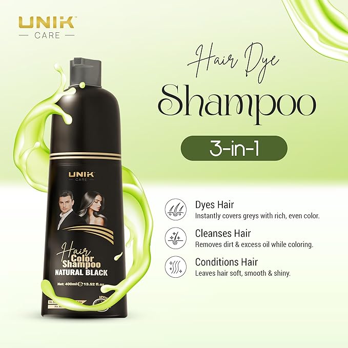 Black Hair Dye Shampoo 400ml – 3 in 1 Natural Color Shampoo for Grey Hair – Ammonia-Free Hair Dye for Women & Men – Long-Lasting Instant Natural Black Coverage