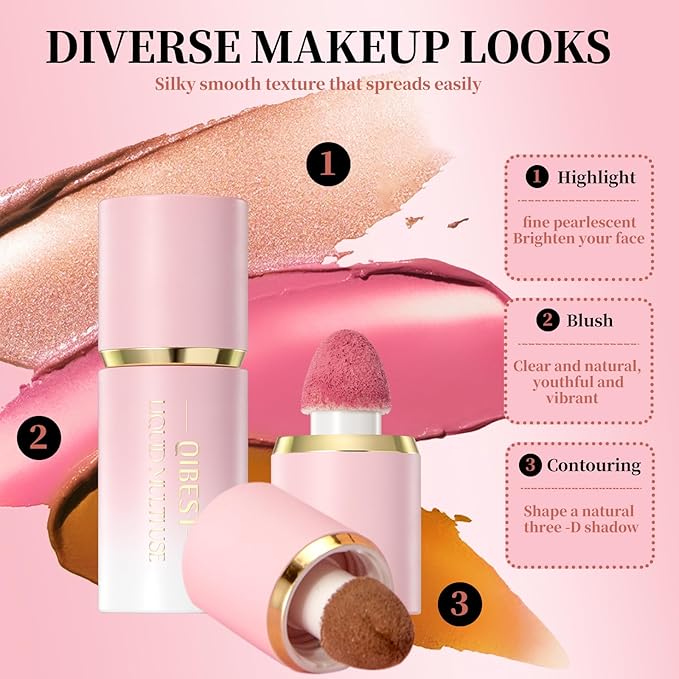 URQT 3PCS Highly Pigmented Liquid Contour - Built-in Sponge Tip Sculpted Complexion Wand Long Lasting Natural Buildable Highlighters Contouring Bronzer (Contour+Highlighter+Blush)