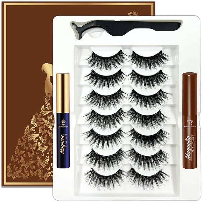 Magnetic Eyelashes Natural Look, 7 Pairs Reusable Cat-eye Medium Magnetic Lashes with 2 Tuble Magnetic Eyeliner （1 black+1brown) Vegan & Cruelty Free