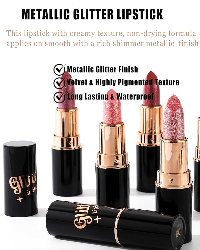Rose Red Metallic Glitter Lipstick Long Lasting,Diamond Nude Shimmer Lip Gloss High Pigmented Matte Liquid Lip Stick for Women,Sparkling Shiny Transfer Proof Non Stick Tinted Lip Color Balm Makeup-06