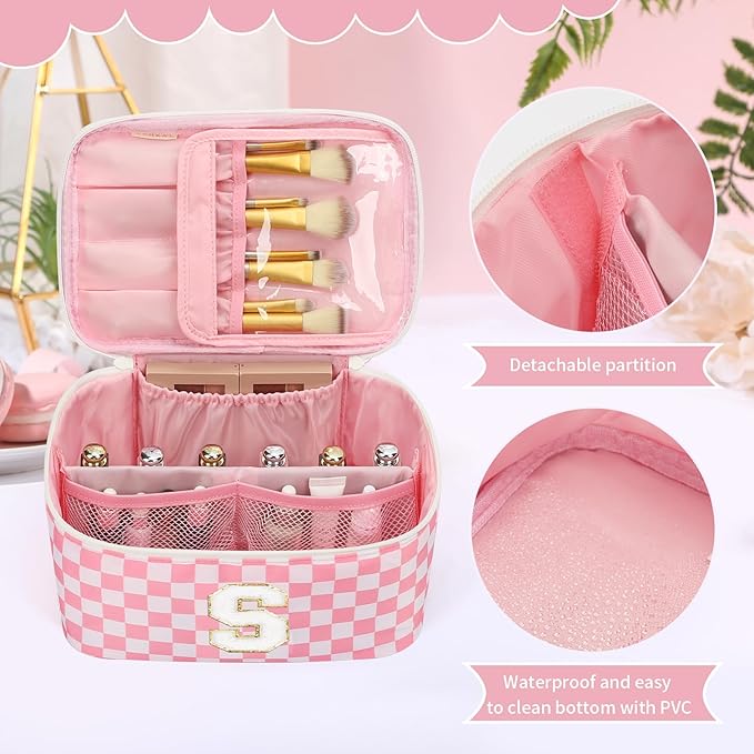 OCHEAL Makeup Bag for Women, Monogram Cosmetic Bag with Brush Holder, Pink Travel Makeup Case Beauty Toiletry Bag Organizer Personalized Gifts for Girls Bridesmaid, Sister, Wife, Friends Initial S