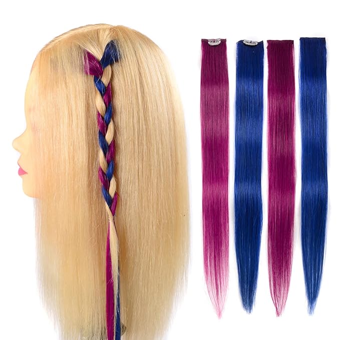Winsky Purple-red Clip in Colored Hair Extensions 100% Real Human Hair - Straight Highlights Girls Clip on Hairpieces 5 Pieces/Set (18inch, Purple-red）