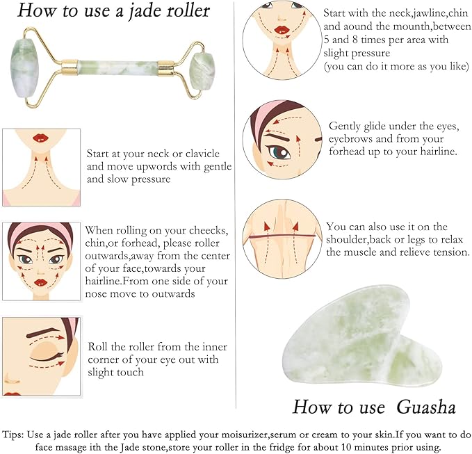 HOTACE Jade Roller for Face-3 in 1 Kit Facial Massager Tool Natural Jade Stone Facial Roller Anti Aging,Face Beauty Set for Eye Anti-Wrinkle-Green