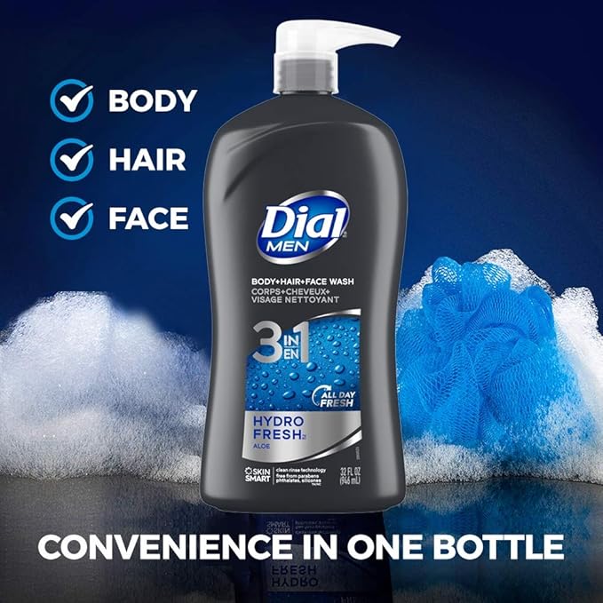 Dial Men 3in1 Body, Hair and Face Wash, Hydro Fresh, 32 fl oz (Pack of 2)