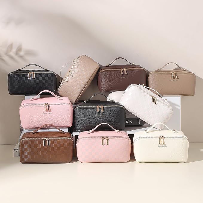 Travel Makeup Bag Travel Toiletry Bag Waterproof PU Leather Checkered Makeup Organizer Bag Woman Cosmetic Organizer Bag With Headband and Wristband Set(Khaki, Checkerboard pattern)