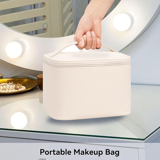 OCHEAL Makeup Bag, Make Up Bag for Cosmetics Vertical Storage,Toiletry Bag for Skincare Makeup Organizer Bag for Travel,With Makeup Brushes Compartments & Dividers -Beige