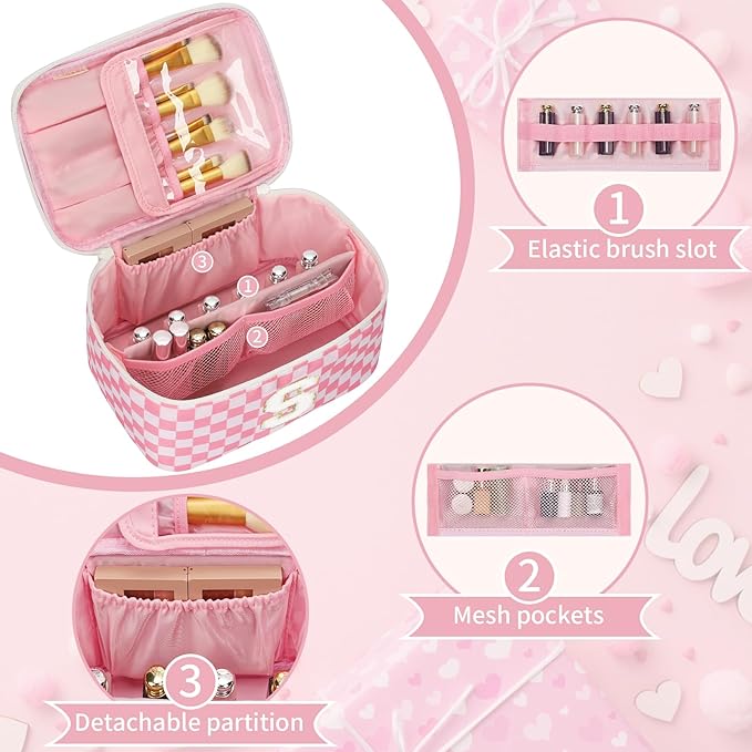 OCHEAL Makeup Bag for Women, Monogram Cosmetic Bag with Brush Holder, Pink Travel Makeup Case Beauty Toiletry Bag Organizer Personalized Gifts for Girls Bridesmaid, Sister, Wife, Friends Initial S