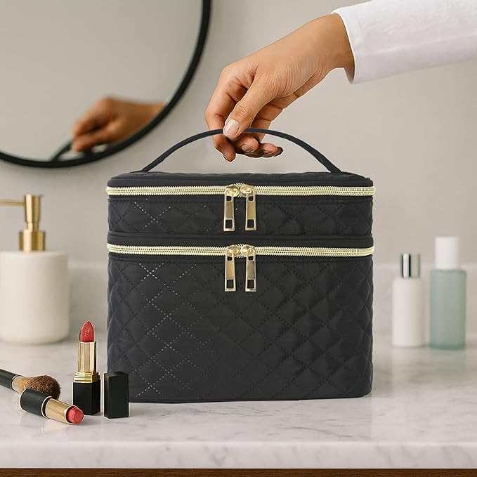 Travel Makeup Bag for Women Double Layer Large Cosmetic Case Water-resistant Toiletry Bag Organizer for Store Toiletries Cosmetic Accessories and Manicure Sets Black