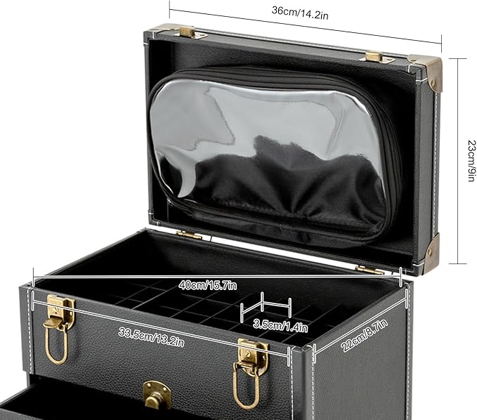 Makeup Train Case, Rolling Makeup Trolley Case, 3 Tiers Lockable Nail Polish Organizer with 2 Keys 4 Wheels (2 with Brakes) for Travel Makeup Artists Nail Technicians (Black Case, Tan Lock)