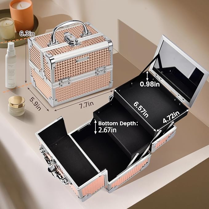 FRENESSA Makeup Case Train Case Portable Makeup Box with Mirror Lock Box Travel Cosmetic Train Cases Hard Makeup Organizer for Nail Craft Storage Vanity Rose Gold