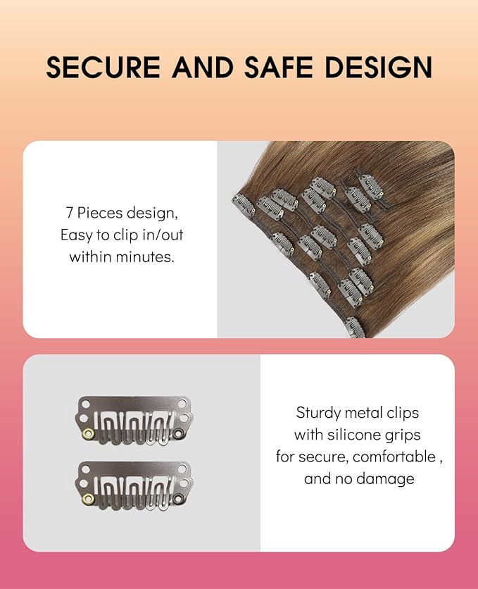 Youngsmile Clip in Hair Extensions Human Hair, 14inch 7Pcs 120g Real Human Hair Clip in Extensions, Double Weft, Balayage Ombre Brown Fading to Caramel Blonde (CLIP#4/27/4-14Inch)