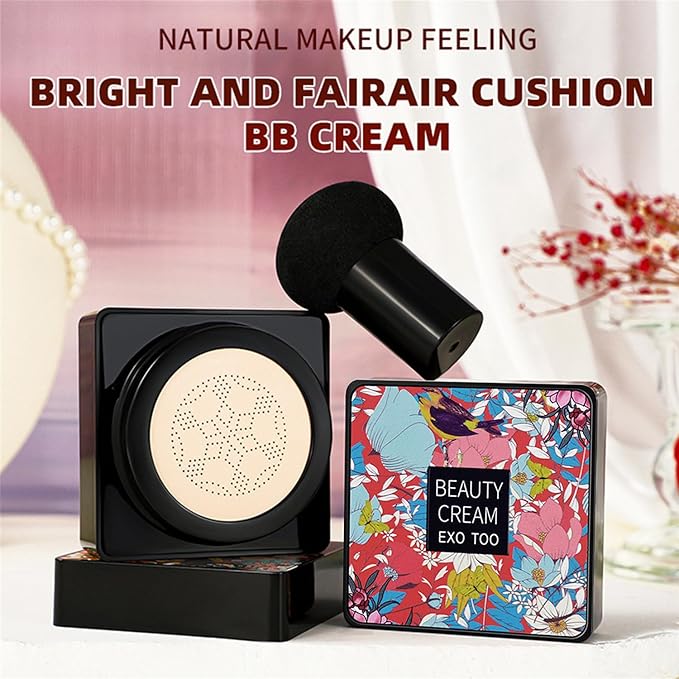 NUIBO 2PCS Air Cushion CC Cream Mushroom Head, Moisturizing Concealer Makeup Base, Primer Liquid Foundation Long Lasting with Two Mushroom Makeup Sponges 【1 X Natural & 1 X Ivory】