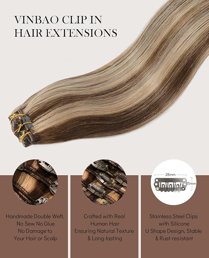 VINBAO Clip in Hair Extensions Human Hair Balayage Color 4 Medium Brown Highlighted 27 Caramel Blonde Clip in Hair Extensions For Women 6 Pcs 14 inch 100 Gram Double Weft (#4P27, 14'')