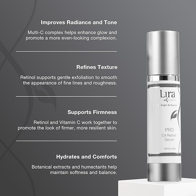 Lira Clinical Pro C4 Retinol Serum - Anti Aging Face Serum with Plant Stem Cells - Vitamin C with Licorice and Olive Extract - Perfect for Acne Prone Skin - 1.69 Ounce