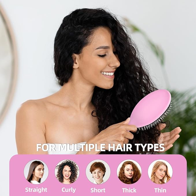 Boar Bristles Hair Brush for Women and Men, Detangling Hair Brush for Smoothing Massage Add Shine, Nylon&Boar Bristles Detangler brush for Hair Healthy (Pink&White)