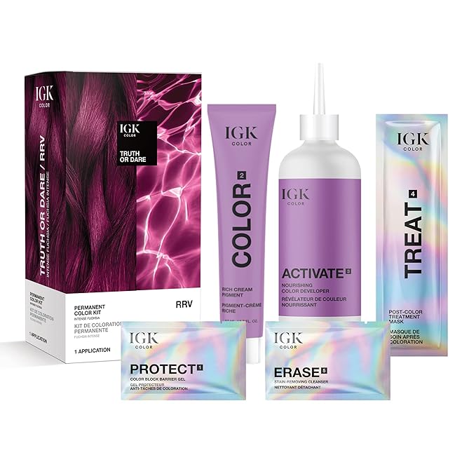 IGK Permanent Hair Dye Color Kit | RRV Truth or Dare - Intense Fuchsia | 100% Gray Color Coverage + Strengthen + Shine | Ammonia Free