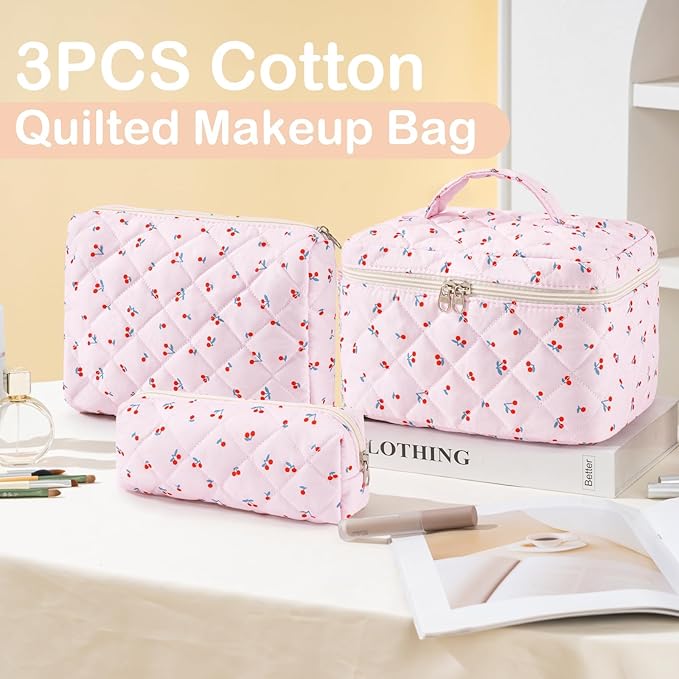 Makeup Bag for Women 3PCS Quilted Cotton Make Up Bag Travel Cosmetic Bag Large Makeup Bag Set Cute Makeups Organizer Floral Toiletry Pouch for Purse, Mini Cherry