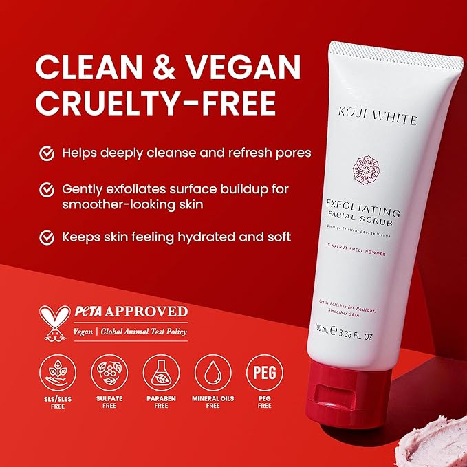 Koji White Exfoliating Facial Scrub, Gentle Face Wash with 1% Walnut Shell Powder, AHA, Kojic Acid Dipalmitate & Hyaluronic Acid | Hydrating, Unscented, Vegan, 100ml (3.38 Fl Oz)