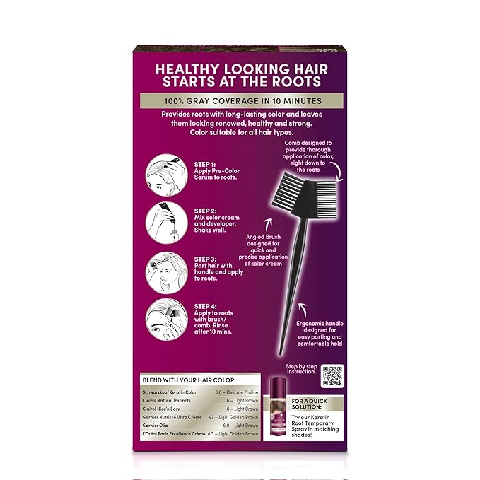 Schwarzkopf Keratin Root Permanent Hair Color Kit, 6.0 Light Brown, 1-Application Root Touch-Up with Collagen & Vitamin B6, Complete Gray Coverage, Precision Brush, All Hair Types & Textures