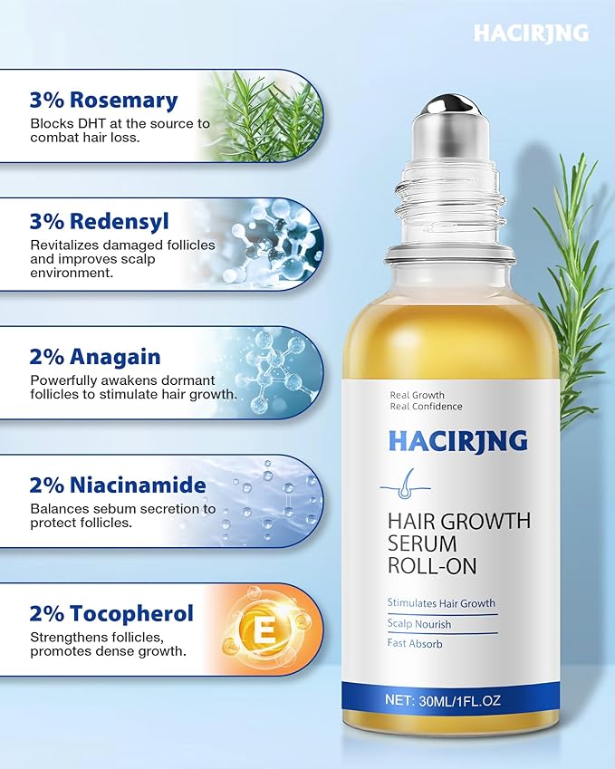 Hair Growth Serum Roll On 30ml – 3% Rosemary, 3% Redensyl，2% Anagain, Niacinamide & Tocopherol | Reduces Hair Loss at the Root for Men & Women | No-Rinse, Non-Greasy, Fast-Absorbing