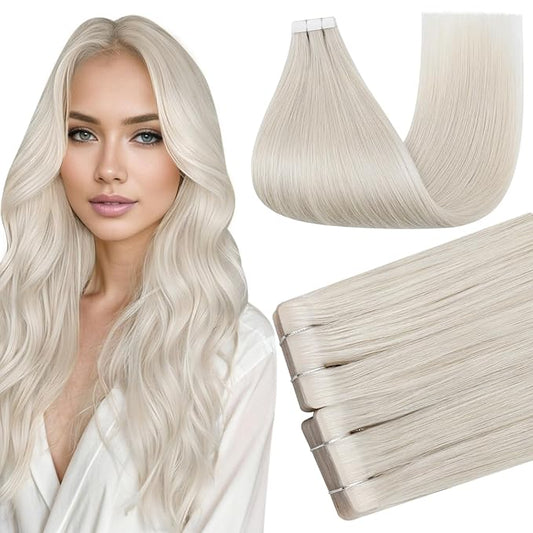 Full Shine Hair Extensions Real Human Hair Tape in Color 1000 Tape in Extensions Human Hair Injection Seamless Skin Weft Soft Straight Extension No Damage 50G 20Pcs Daily Office Look 20Inch