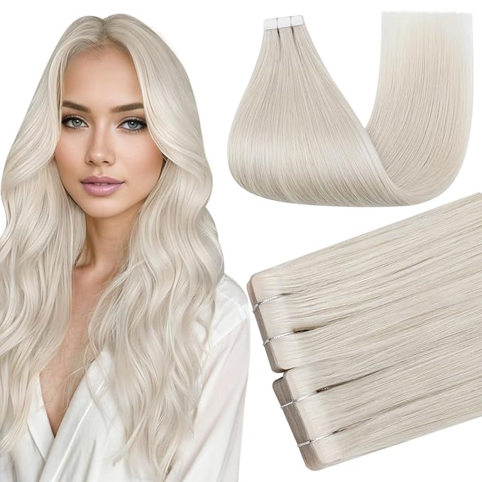 Full Shine Injection Tape in Human Hair Extensions Color 1000 Blonde Remy Hair Extensions Tape in Insert Seamless Invisible Skin Weft Versatile Styling Lightweight 22Inch 50G Reusable 20Pcs