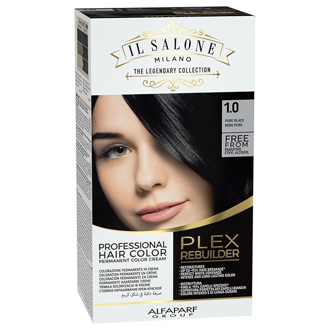 Il Salone Milano Plex Rebuilder Permanent Hair Color Cream - 1.0 Pure Black Hair Dye Kit - Professional Salon - Premium Quality - Protects and Restructures - Paraffin, Paraben, Ethyl Alcohol Free