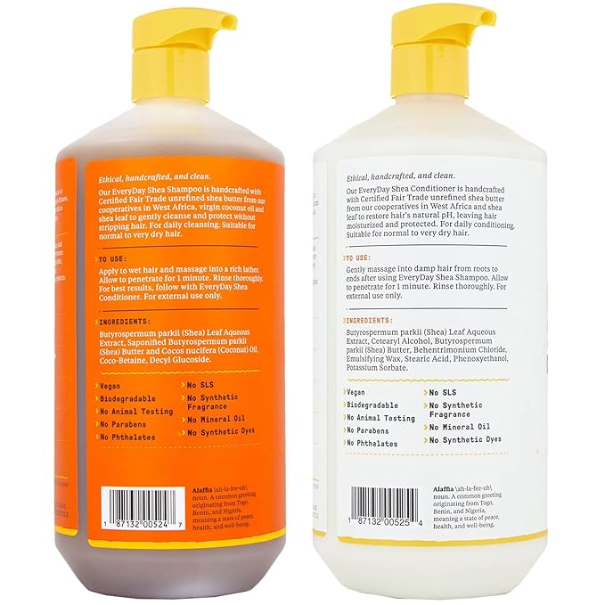 Alaffia EveryDay Shea Shampoo and Conditioner - Normal to Very Dry Hair, Gently Cleanses, Moisturizes, Restores and Protects Hair with Certified Fair Trade Unrefined Shea Butter, Unscented, 32 Oz Each