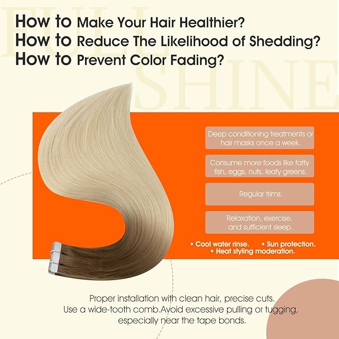 Full Shine Blonde Balayage Tape in Hair Extensions Real Human Hair Seamless Tape in Extensions Brown To Blonde 3/8/613 Double Sided 14Inch Invisible Seamless Skin Weft 50G 20Pcs Remy Natural Straight