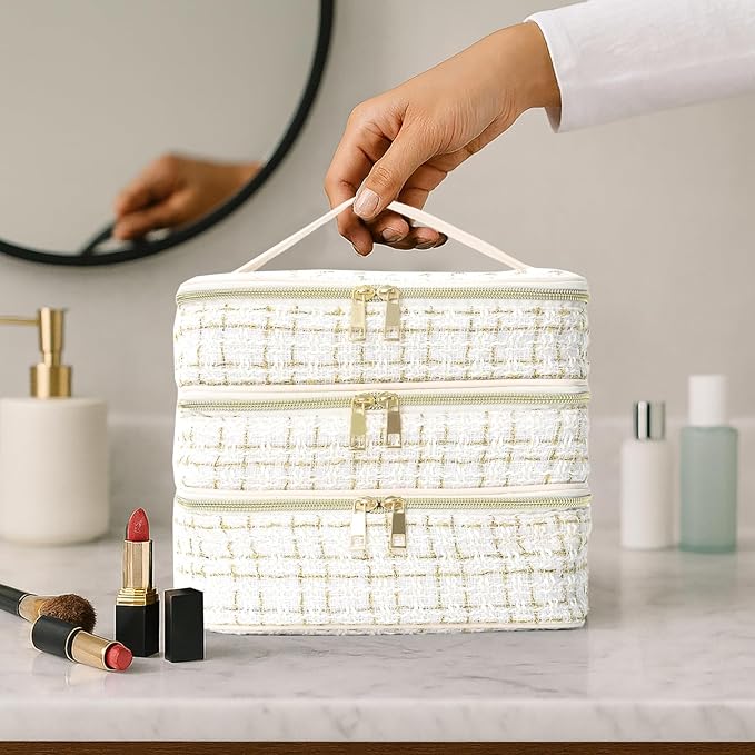 Travel Makeup Bag for Women Three Layer Large Cosmetic Case Water-resistant Toiletry Bag Organizer for Store Toiletries Cosmetic Accessories and Manicure Sets Gold White