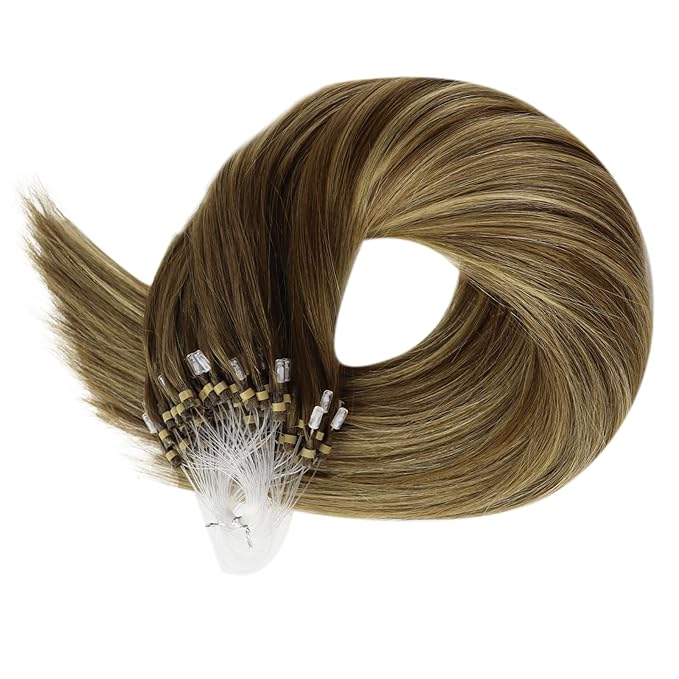 Full Shine Microloop Hair Extensions Human Hair 22 Inch 50 Grams Color 4/24/4 Medium Brown to Honey Blonde Mix Brown Micro Link Hair Extensions Remy Hair for Women add Length