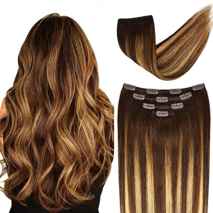 18" Clip in Hair Extensions Remy Human Hair for Women - Silky Straight Ombre Hair Extensions Brown Balayage 60grams 4pieces #4T27P4 Color
