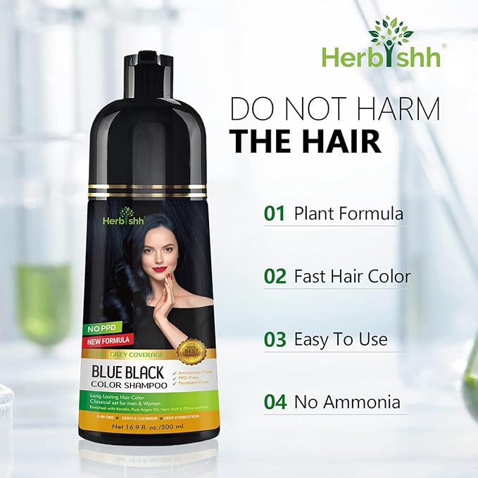Herbishh Blue Black Hair Color Shampoo - 3-In-1 Magic Dye for Gray Hair 500 Ml + Argan Oil for Dull, Dry Damaged Hair 30ML