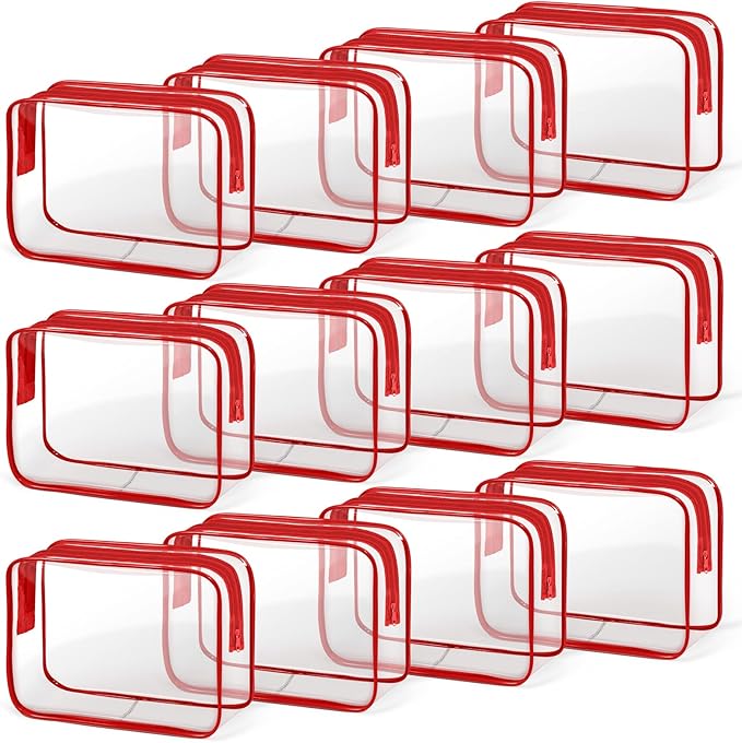 TISRATOK 12 PCS Clear Makeup Bag for Women with Zipper, TSA Approved Toiletry Pouch, Cosmetic Bag Bulk for Travel Organizer Essentials - Red, Medium