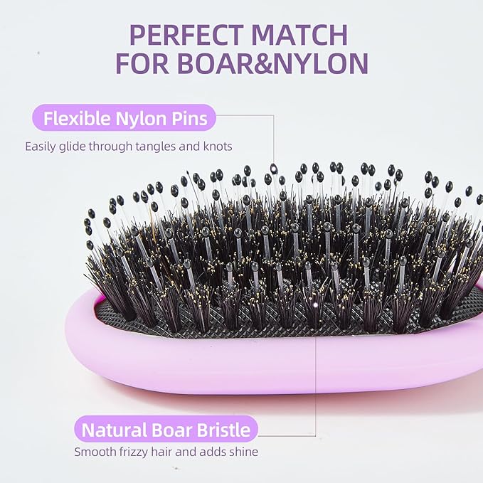 Boar Bristles Hair Brush for Women Men and Kids, Detangling Hair Brush for Smoothing Massage Add Shine, Nylon&Boar Bristles brush for Hair Healthy, Easy to Storage(Purple)