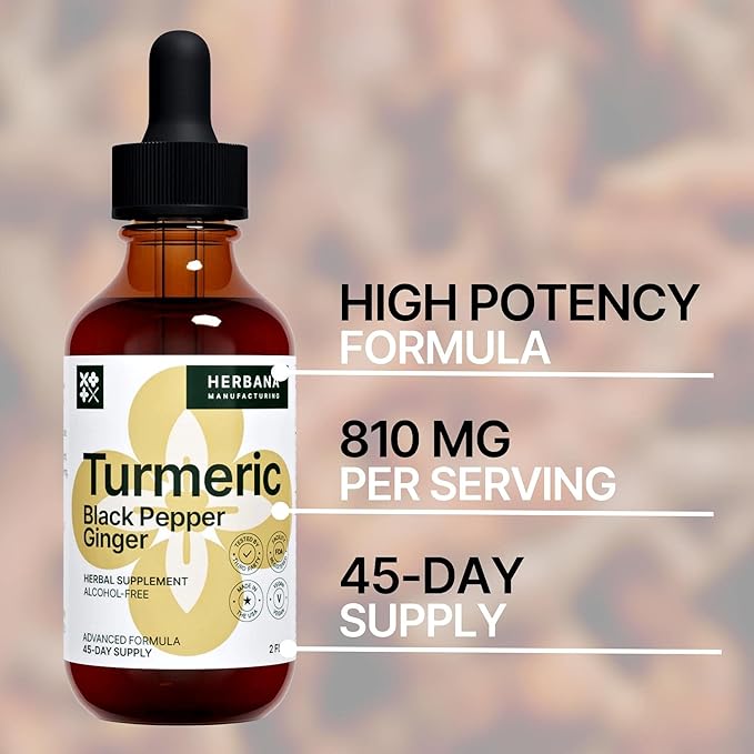 Turmeric 3-in-1 Liquid Extract - Curcumin & Ginger, Black Pepper - Natural Herbal Supplement - Immune and Brain Booster Tincture (2 FL OZ)