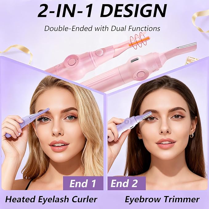 2-in-1 Multifunctional Heated Eyelash Curler & Eyebrow Trimmer for Women, Fast Heated Rechargeable Electric Eyelash Curler with 3 Heat Settings, 24H Long Lasting, Ideal Makeup Tool Gift