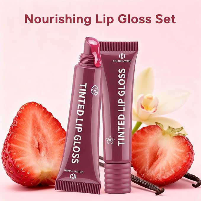 Color Nymph Tinted Lip Gloss Duo, Nourishing Lip Balm Set with Shea Butter & Vitamin E, Non-Sticky Intense Hydrating Lipgloss for Dry Lips, Sheer Tint | Vegan & Cruelty-free, #01 Strawberry & Vanilla