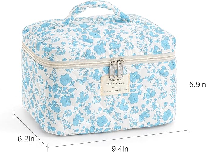 Makeup Bag for Women Quilted Cotton Make Up Bag Travel Cosmetic Bag Large Makeup Bag Cute Bow Makeup Bags Organizer Floral Toiletry Bag Makeup Pouch for Purse, Azure Blue