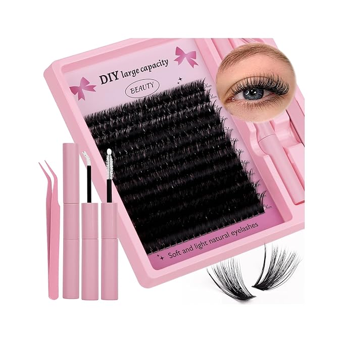 Lash Clusters Kit Eyelash Clusters Individual Lash Extension Kit 240 Pcs D Curly Cluster Lashes DIY Eyelash Extension Kit with Lash Bond and Seal Tweezers Brushes(80D Kit 10-16mm)