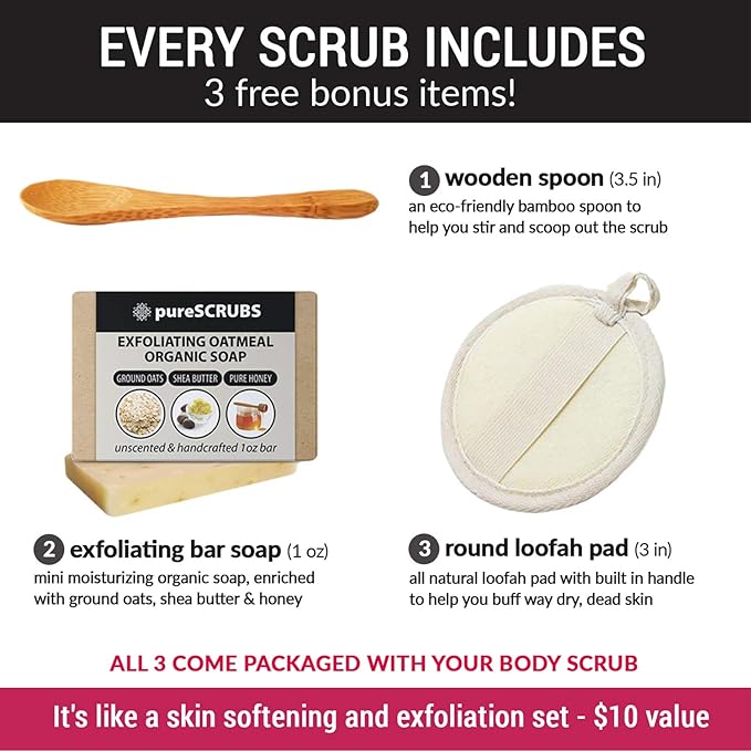 pureSCRUBS Premium Eucalyptus Body Scrub Set - Large 16oz Dead Sea Salt Body Scrub With Infused Essential Oils & Nutrients, Includes Wooden Spoon, Loofah & Oatmeal Exfoliating Bar Soap