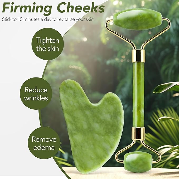 4-Piece Jade Roller & Gua Sha Set – Green Jade Facial & Body Sculpting Tools for Lymphatic Drainage, Puffiness Reduction & Wrinkle Minimizing – Gift for Women & Men