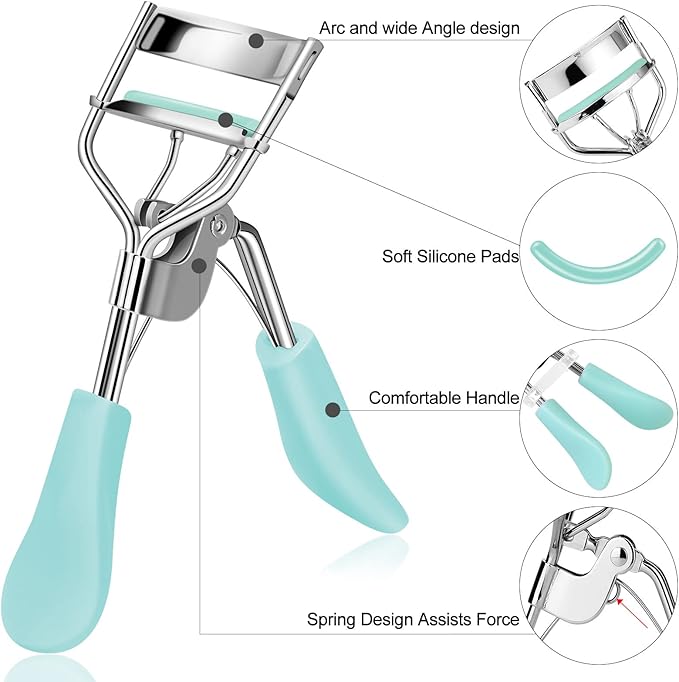 Eyelash Curler with Comb and Brush Fit All Eye Shape Curved Eyelash Curlers with 5PCS Silicone Refill Pad,Natural and Long Lasting Lash Curler for Women Make Up Gift(Blue)