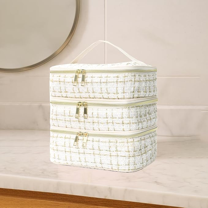 Travel Makeup Bag for Women Three Layer Large Cosmetic Case Water-resistant Toiletry Bag Organizer for Store Toiletries Cosmetic Accessories and Manicure Sets Gold White